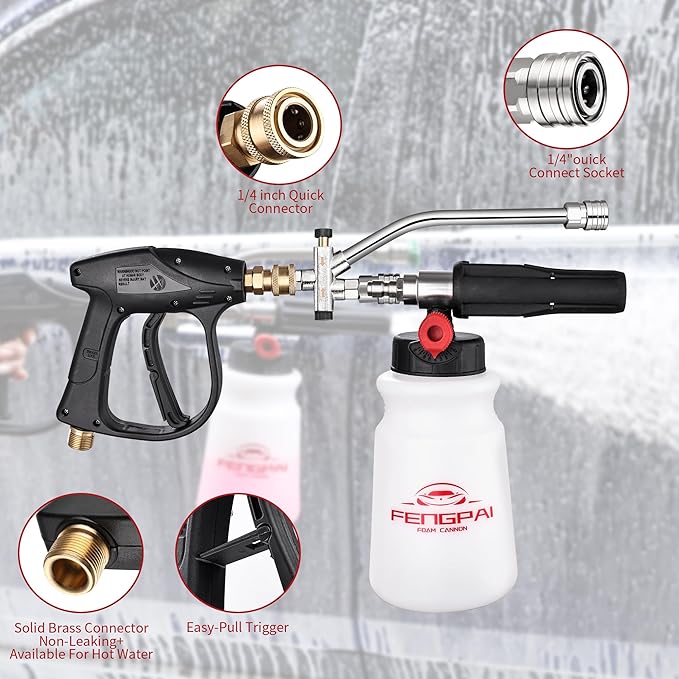 FENG PAI Foam Cannon with Pressure Washer Gun and Dual Connector, 3-in-1 Short Lance Accessory for Snow Foam Cannon, Power Washer Blaster Kit for Car Washing and Cleaning, Sprayer Bottle 1L 4000 PSI