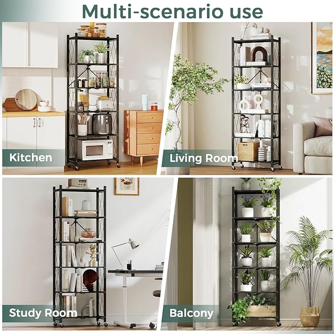 DEANIC 6-Shelf Folding Bookcase with Wheels, Heavy Duty Storage Shelves, Freestanding Metal Wire Shelving Unit for Living Room, Office, Kitchen, Basement, Pantry (Black)