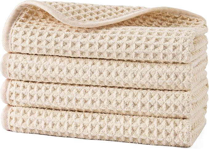 POLYTE 430 GSM Microfiber Lint Free Washcloth Face Towel, 13 x 13 in, 4 Pack (Waffle Weave)
