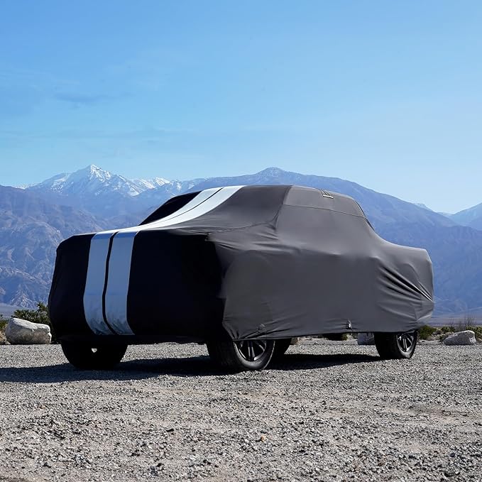 iCarCover Premium Plus Truck Cover Waterproof All Weather Rain Snow UV Protection Full Car Covers, Ram 1500, 2500, 3500, Mega cab 6'4" Standard Bed, Size T89 (See Size Chart) Stripe - Black/Gray