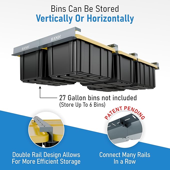 HANDT Overhead Garage Storage Rack, Connectable Heavy Duty Metal Ceiling Rails For Garage Storage Organization Shelving System, Hanging Racks For Tote Containers, Supports Up To 6 Bins, 4 Sets Gray