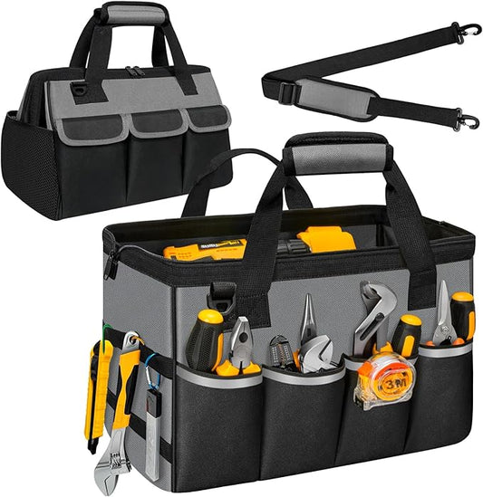 NECKORY Tool Bag, Portable Tool Box Organizer Adjustable Shoulder Strap, Carry Tool Tote Heavy Duty Tool Storage Bag With Wide Mouth,Tool Bags for Men Mechanic EngineerGift - L, Dark Grey & Black