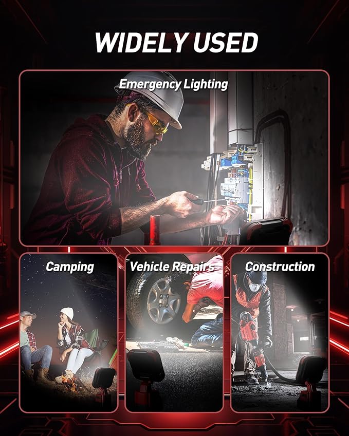 EEFOW Work Light for Milwaukee m18: 9500LM Cordless Led Lights for 18v Battery, 90W Portable 140° Rotate Flood Flashlight with USB & Type C Charge Smart Protect Battery for Indoor Outdoor Lighting
