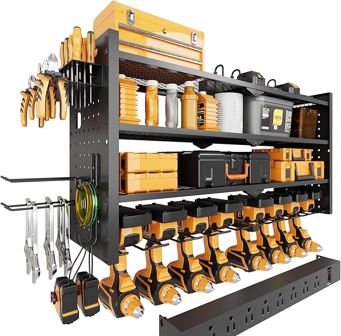 Power Tool Organizer Wall Mount with Charging Station, Heavy-Duty Metal Garage Tool Storage Rack & 8 Outlet Power Strip, 33 Inch Long 4 Tier Shelves for Workshop Organization