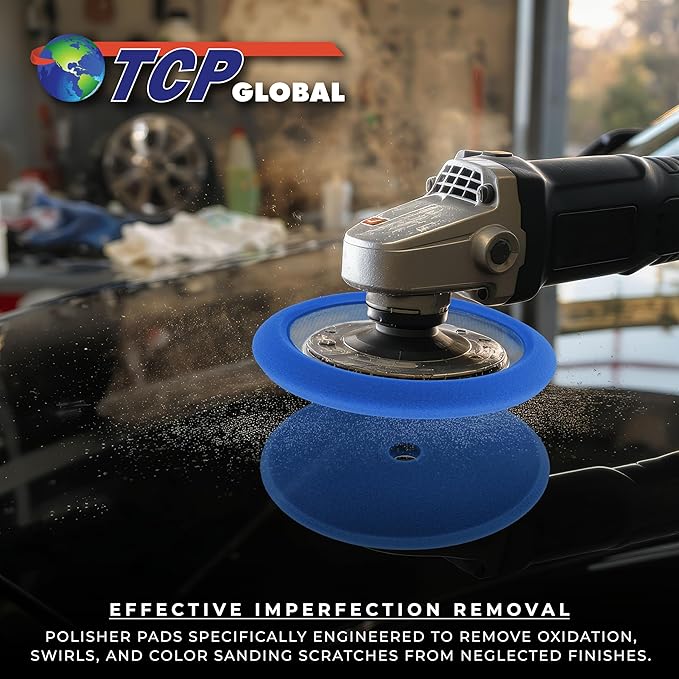 TCP Global 8" Blue Foam Buffing Pad Light Cut Polish Hook and Loop Backing - Buffing Pad for Automotive, Marine, Truck, RV & Compound Cutting