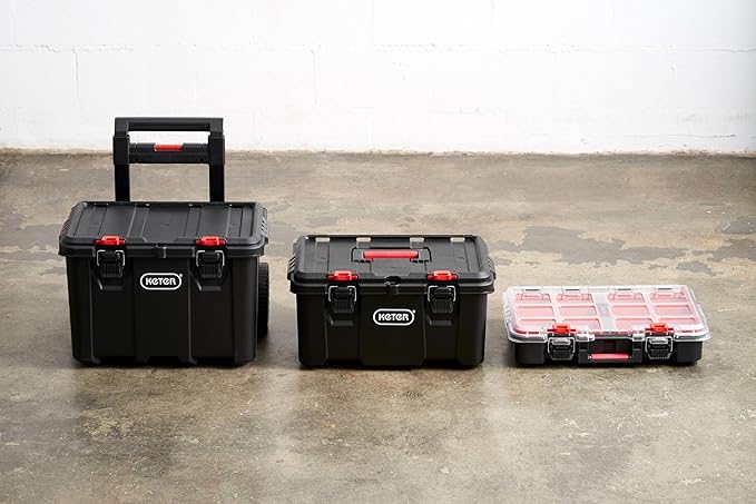 Keter Stack-n-Roll Modular Tools Organizer for Garage Storage and DIY, 3 Piece Resin Rolling Tool Box System for Small Parts, Black