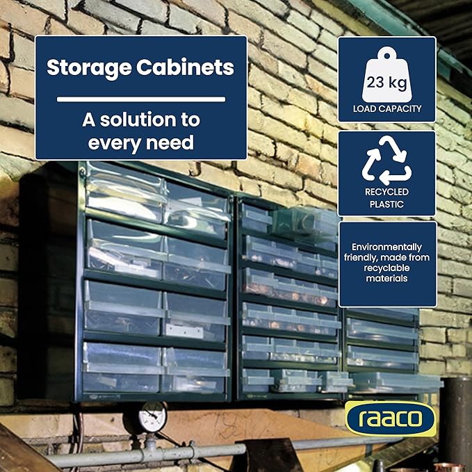 Raaco Steel Storage Cabinet, Standard 30-Drawer, Clear Polypropylene Plastic Drawer – Small Parts Organizer, Screws, Nuts & Bolts, Crafts & Hardware – Tool Cabinet for Workbench & Wall Storage (C9-30)