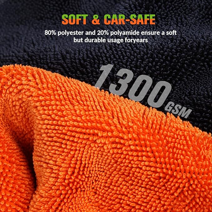 48”x24” Car Drying Towel, XXL Dual Sided Microfiber SUV Cleaning Towel 1300GSM Lint-Free & Scratch-Free Super Absorbent RV Drying Cloth Machine Washable (Black-BrightOrange)