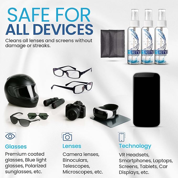 Purity Eyeglass Lens Cleaner Kit - 3 x 1oz Travel Size Lens Cleaner Spray Bottle + 2 Microfiber Cleaning Cloths - Safe for All Lenses (AR Coated Included), Eyeglasses and Screens - Clear