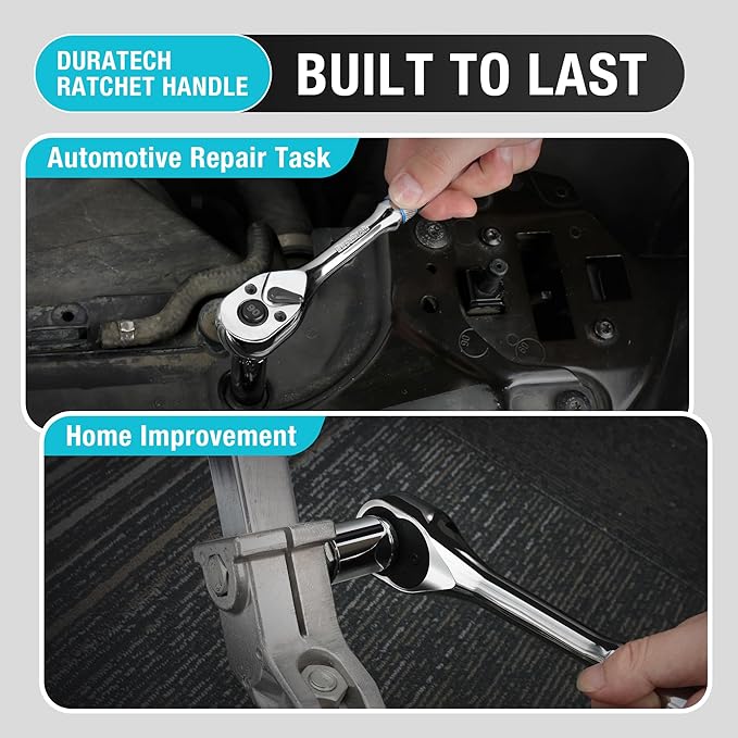 DURATECH 3-Piece Drive Ratchet, 1/4", 3/8", 1/2" 90-Tooth Quick-Release Ratchet Wrench, Reversible, Cr-V Made, Full Polished - with Plastic Insert Storage Box, Gifts for Men, Women, Dad