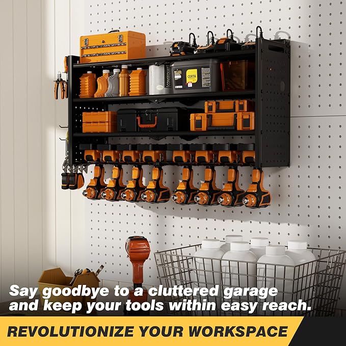 Power Tool Organizer Wall Mount with Charging Station, Heavy-Duty Metal Garage Tool Storage Rack & 8 Outlet Power Strip, 33 Inch Long 4 Tier Shelves for Workshop Organization