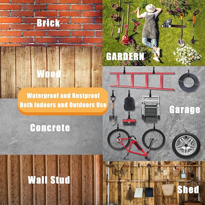 Heavy Duty Utility Hooks - Wall Mount, Hose Holder, Bike & Ladder Hooks, Chainsaw & Leaf Blower Hanger - 8 Small