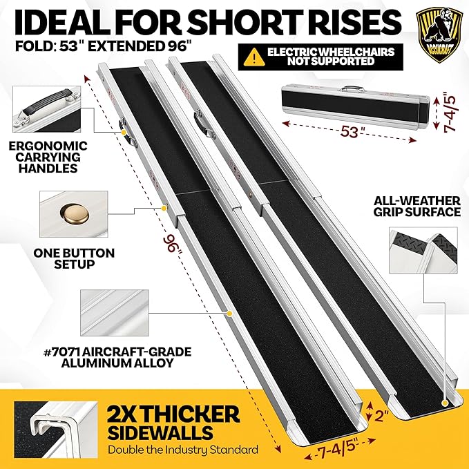 8FT Portable Wheelchair Ramp, Adjustable Aluminum ramps for wheelchairs for Home, 1200LB Capacity, 2X Thickened Sidewall, Wheelchair Ramp for Home, Stairs, Steps (2 Pack)