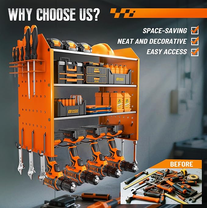 4 Tier Garage Tool Organizer, Drill Holder Wall Mount,Power Tool Storage,Heavy Duty Rack with Hooks,Mens Gifts Orange