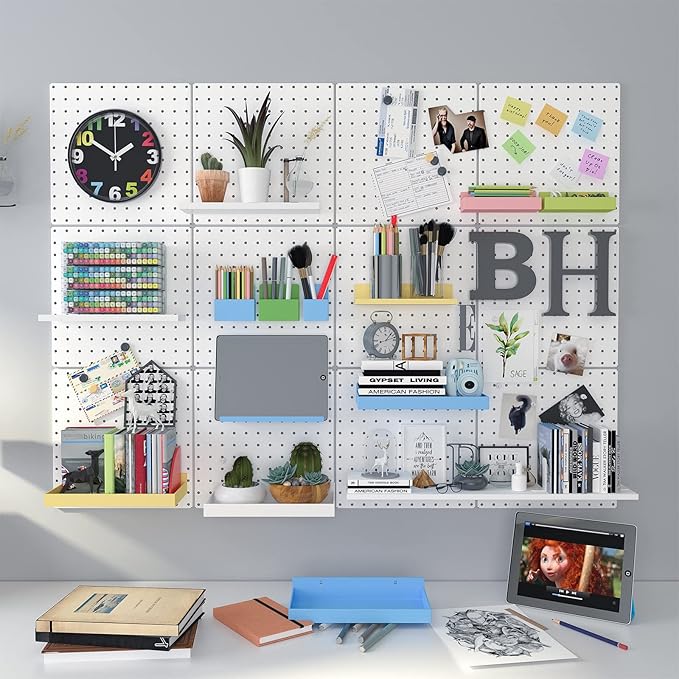 Peg Board, 6 Pack Metal Pegboard Panels White Pegboards Wall Organizer with Bent Frame Large Heavy Duty Peg Board for Walls Home, Garage Tool Storage, Workbench, Craft Room, Kitchen