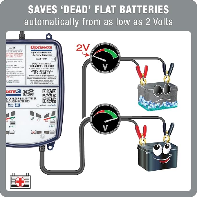 Optimate 3 Dual Bank, TM-451, 7-Step 2x12V 0.8A Sealed Battery Saving Charger & maintainer