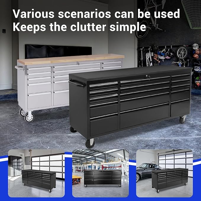 CHETTO C 72 inch Tool Chest Tool Box Mobile 15 Drawers Storage Rolling Cabinet with Wheels Lock Key Locking System Drawer Liners for Garage Warehouse Repair Shop Black