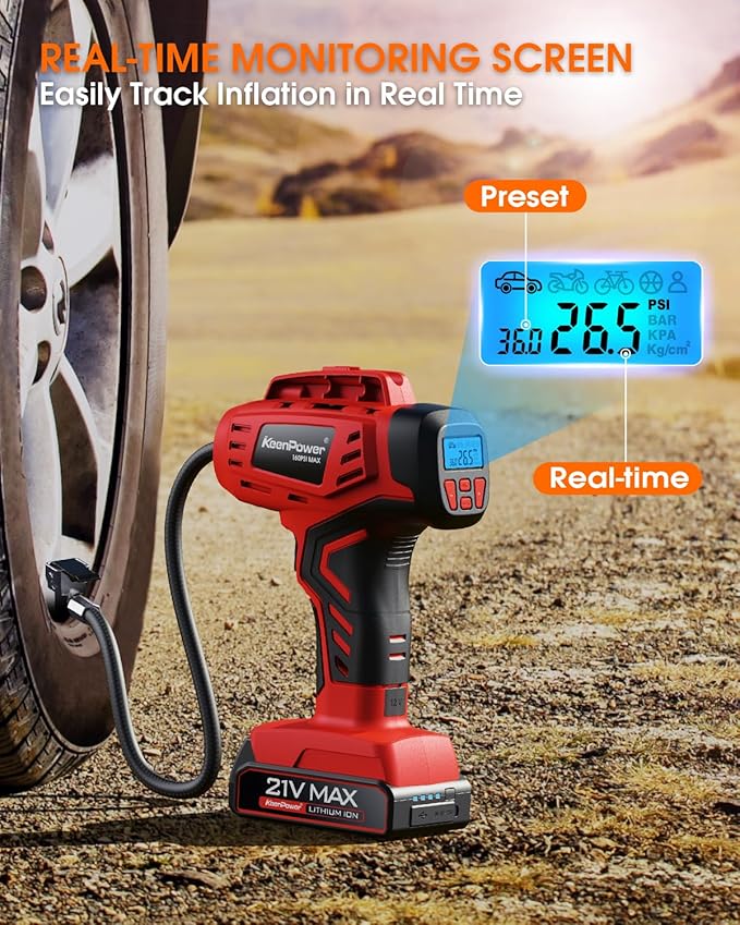 KeenPower Digital Cordless Tire Inflator Portable Air Compressor Automatic 160PSI w/Gauge Screen & 4+N Smart Mode & Dual Power Supply, Rechargeable 21V Battery Powered Handheld Air Pump, Car Tire Pump