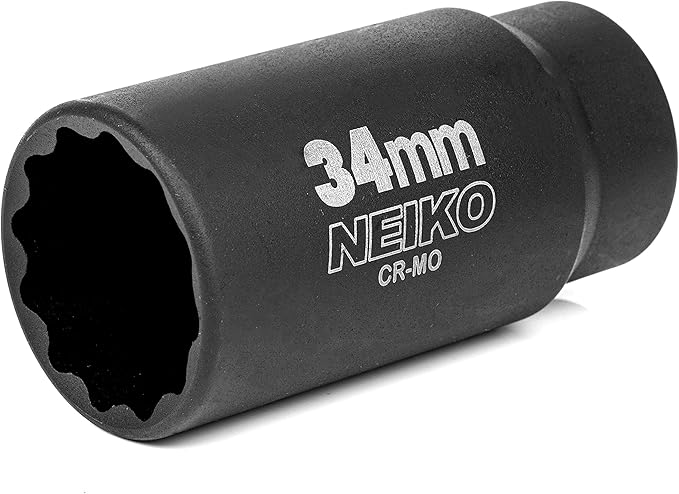 NEIKO 02525A 34mm Socket | 1/2” Drive Deep Impact Socket | Spindle & Axle Nut Socket | 12 Point |Chrome Molybdenum Cr-Mo |Deep Well Hub | Triple Square | Axle Shaft Nut Remover