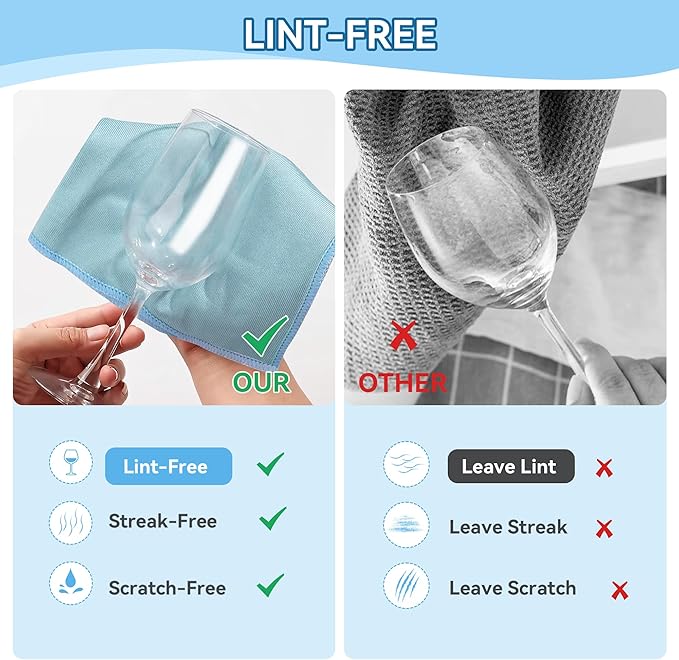 8Pcs Microfibre Glass Cleaning Cloth 290GSM, Lint Free Glass Cloth for Polishing Mirrors Stainless Steel, Windows, All-Purpose Microfiber Towels(Blue, 30 x 40 cm)