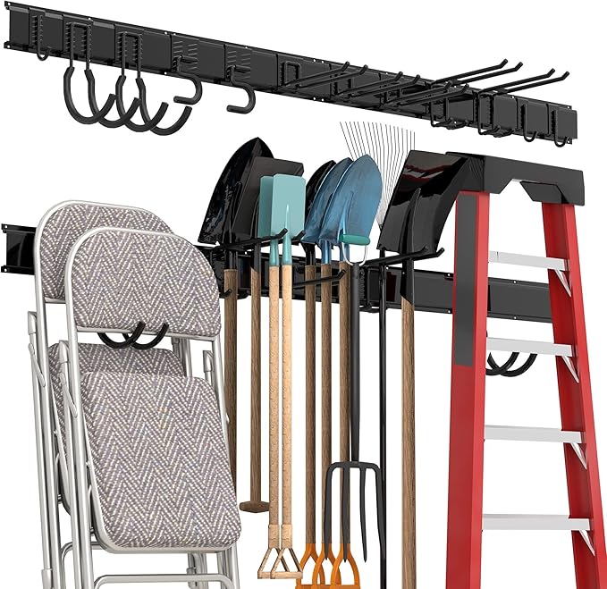 Sttoraboks Garage Tool Storage Rack, Heavy Duty Garage Storage Organizer Rack System Wall Mounted Tool with 12 double hooks, 4 rails Garden Tool Rack
