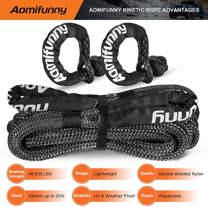 1" x30ft Kinetic Recovery Tow Rope Kit, 48,800 lbs Break Strength, 35% Elasticity, with 2 Soft Shackles, Heavy Duty Tow Strap for Offroad Jeep, SUV, Truck, ATV, UTV, Tractor & 4x4 Vehicles