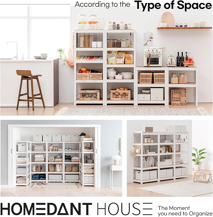 HOMEDANT House 24.4" W 5 Tier Heavy Duty Garage Shelving Adjustable Metal Rack Storage Shelves Standing Shelf Unit Organizers Pantry Closet Office White 2Pack
