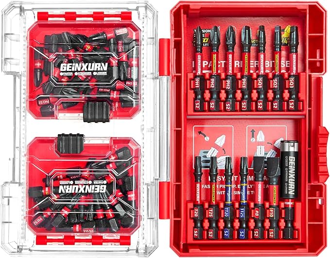 Geinxurn 74Pieces Impact Screwdriver Bits Set, Magnetic S2 Steel Phillips/Slotted/Square/Torx Insert Power Bits Tips, Impact Bit Holder with Red Storage Box Case