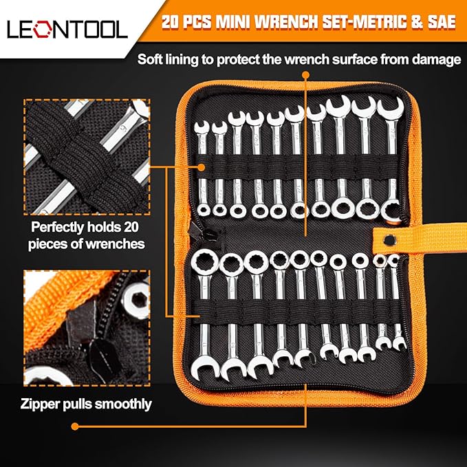 Mini Wrench Set Metric and SAE 20 Pcs Ignition Wrenches 4-11mm & 5/32" to 7/16" Open End Box End Wrench Set with Key Ring, Combination Wrench Sets with Zipper Bag