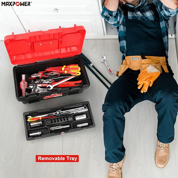 MAXPOWER Tool Box 16 inch, Plastic Small Tool Box with Latch and Removable Tray, Lockable Toolbox for Home