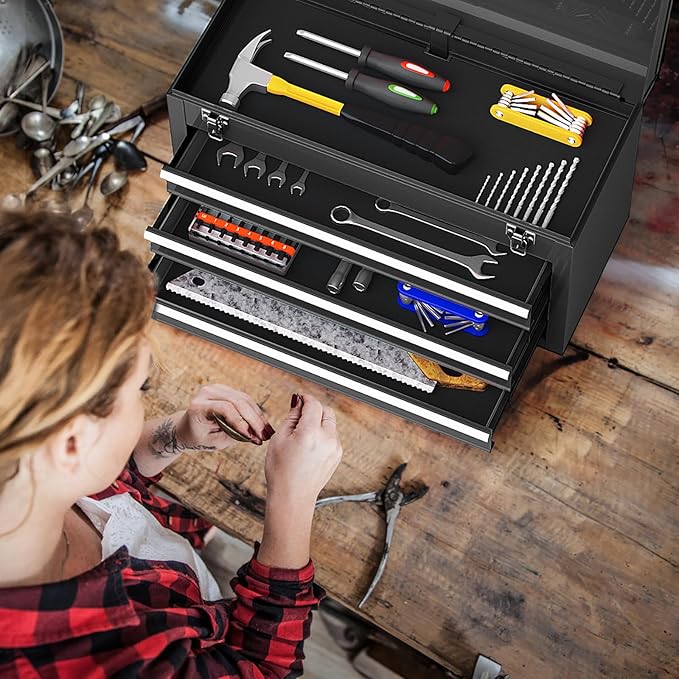 Goplus Tool Box with 3 Drawers, 4-Tier 20.5" Portable Tool Chest Organizer with Top Tool Tray, Auto Lock, Protective Liner, Handle, Steel Metal Small Toolbox for Gargae, Workshop, Home