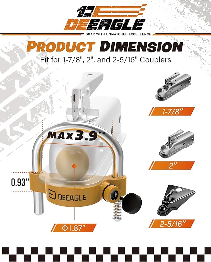 DEEAGLE Trailer Coupler Lock, Include Universal Trailer Ball Lock, 1/4”Dia 3-1/2” Span Hitch Pin Lock