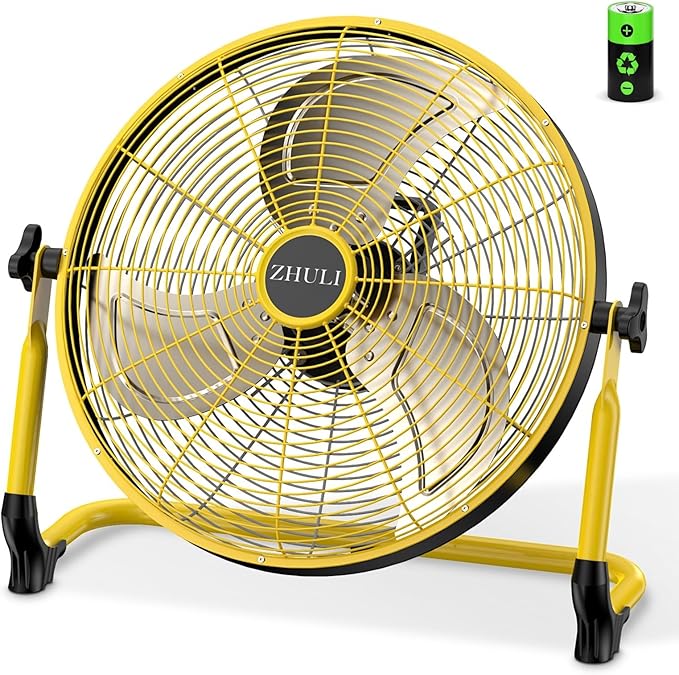 ZHULI 18" Portable Battery Operated Floor Fan, Rechargeable Cordless Camping Fan, Hi-Velocity Brushless Motor, Metal blade, USB Phone Charge, 8~60H Runtime, Quiet, Wireless, For Outdoor Home Workshop