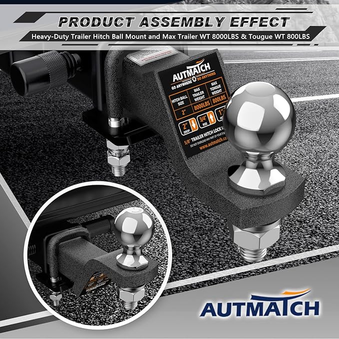 AUTMATCH Trailer Hitch Ball Mount with 2 Inch Hitch Ball - Fits 2" Receiver with Hitch Tightener, 8000Lbs Capacity Ball Hitch, 2-Inch Drop with 5/8" Hitch Lock Pin, Grainstone