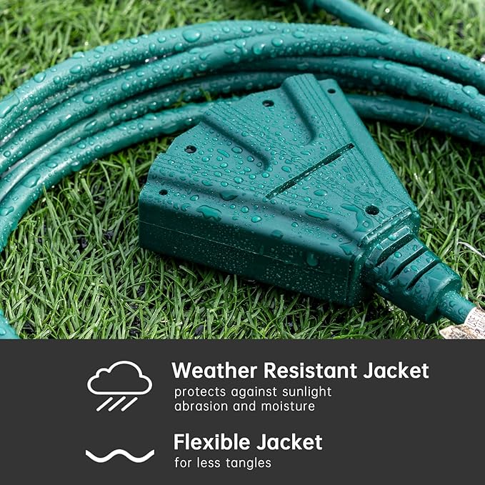 3-Outlets Indoor Outdoor Extension Cord Weatherproof, UL Certified, 16 Gauge 10FT Green 3 Prong Heavy Duty, 16/3 SJTW 13A Power Cord