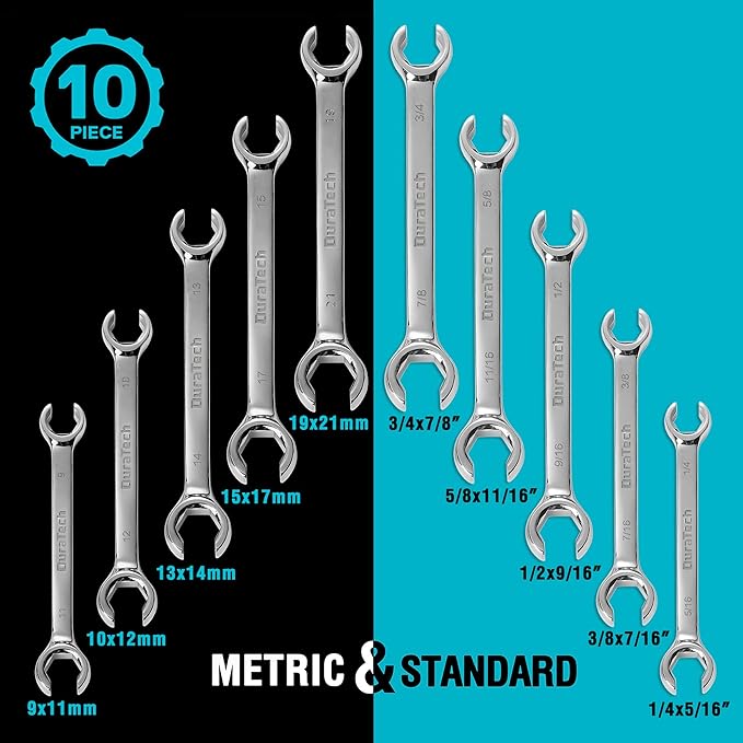DURATECH Flare Nut Wrench Set, Standard & Metric, 10-Piece, 1/4" to 7/8'' & 9-21mm, CR-V Steel, Organizer Pouch Included