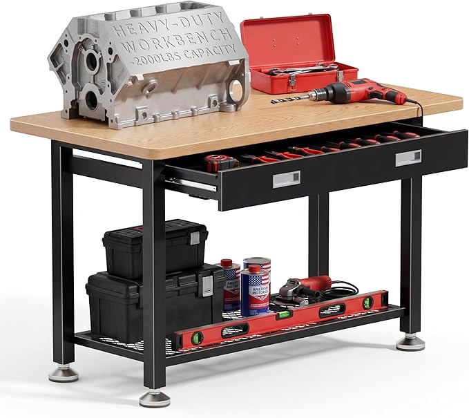 47.2" Heavy Duty Work Bench with Drawer and Storage for Garage, Small Wood Top and Metal Work Table for Crafts, 3D Printer Reloading Bench, Tool Chest Workbenches Crafting Table Working Station