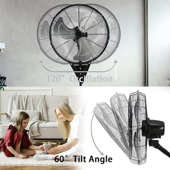 Bestronair 2 Pack Wall Mount Fan, High Velocity 3 Speed Fans Outdoor with Adjustable Tilting for Workshop, Garage, Patios, Industrial, Heavy Duty Oscillating Wall-Mounted Fan with 7100 CFM, Black