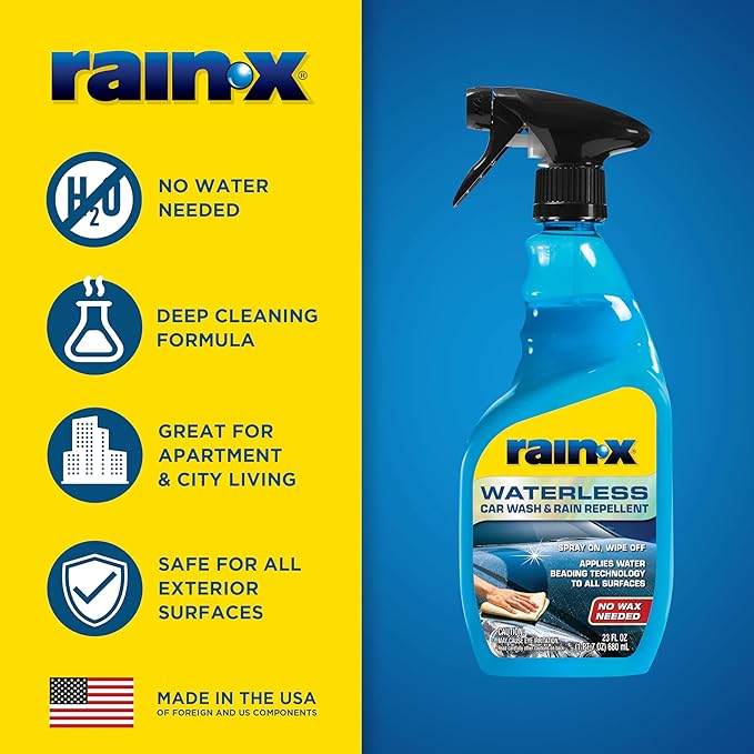 Rain-X 620143 Waterless Car Wash and Rain Repellent, 23 fl. oz. Rinseless Cleaner Spray for a Spot Free Finish, Perfect for Quick and Easy Detailing. Premium No Rinse for on the go Washing