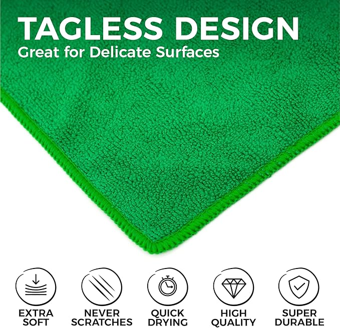 The Rag Company - All-Purpose Microfiber Terry Cleaning Towels - Commercial Grade, Highly Absorbent, Lint-Free, Streak-Free, Kitchens, Bathrooms, Offices, 300gsm, 14in x 14in, Green (12-Pack)