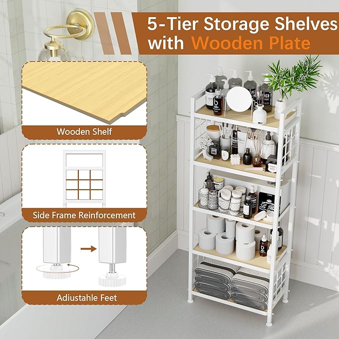 GIOTORENT 5-Tier Pantry Shelves with Wooden Boards, Heavy Duty Storage Shelves & Book Shelf, Adjustable Metal Shelving Unit for Kitchen Bathroom Laundry Organizer, Sturdy Rust-Resistant, White