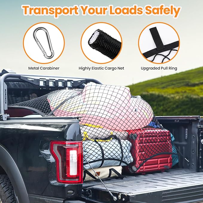 Truck Bed Net, Highly Elastic Cargo Net for Pickup Truck Bed, Stretchable Mesh Organizer for Pickup Trunk Bed, Suitable for Daily Light Loads of Trucks, 4'x4’ Stretches to 7‘x 7’