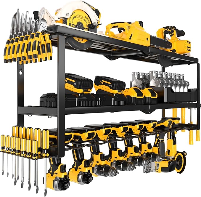 MOOMSINE Power Tool Organizer Wall Mount, Heavy Duty Metal Tool Storage Rack Loads 320lbs, 8 Cordless Drill Holder 3 Layer for Garage, Workshop, Tool Room, Gift for Men