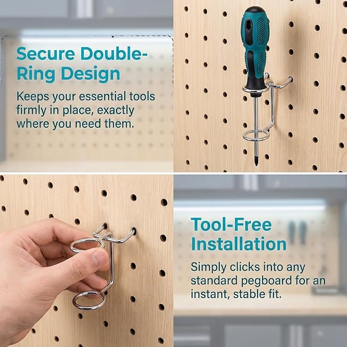 5Pcs Pegboard Screwdriver Holder Tool Organizers Double-Ring Peg Board Hang Tool Holders Hooks and Hangers for Screw Drivers Wrench Hammer Pliers Storage Accessories Wall Mount Tool Storage