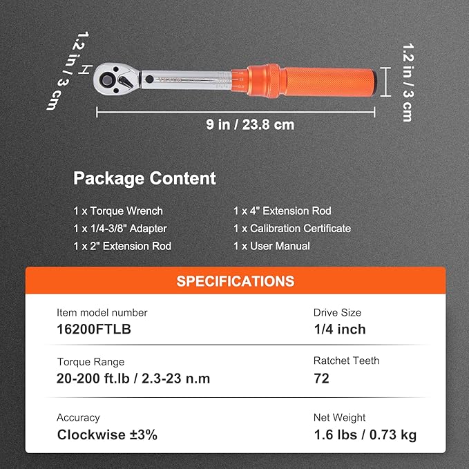 VEVOR 1/4-inch Drive Click Torque Wrench, 20-200in.lb/3-23n.m Mechanical Dual Range Scales, Dual-Direction Adjustable with Adapters Extension Rod