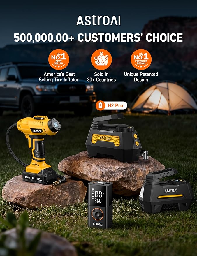 AstroAI H2 Pro Tire Inflator Portable Air Compressor Fully Upgraded Cordless Tire Inflator with DC 12V & Battery Dual Power Supplies Fast Inflation Air Pump for Car Tires Motorcycles Yellow