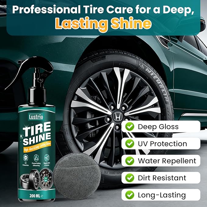 Tire Shine Spray – Heavy Duty Oil Based Tire Dressing with Applicator Sponge & Gloves – Long Lasting Wet Look Shine for Car Tires, Rubber Trims, Bumpers – Non Greasy Formula, Restores Black – 7oz