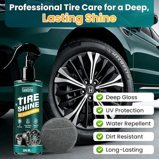 Tire Shine Spray – Heavy Duty Oil Based Tire Dressing with Applicator Sponge & Gloves – Long Lasting Wet Look Shine for Car Tires, Rubber Trims, Bumpers – Non Greasy Formula, Restores Black – 7oz