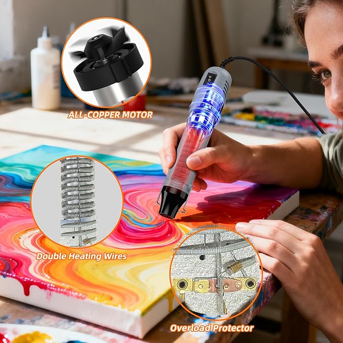 Mini Heat Gun 482℉ & 662℉ 2-Modle Temperature Control, Overload protection Ergonomic Design pistola de calor,Mini heat gun' for crafting，shrink tubing，vinyl wrap，resin