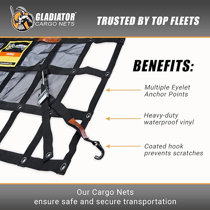 GLADIATOR CARGO NETS - Heavy Duty Cargo Net-(WLL): 1,500 lbs - TruckAccessory - Cargo Carrier - Truck Organizer -Truck Bed Cover-Trailer-Pickup-Boat-Jeep-SUV-5ft Bed (SGN-100) 4.75' x 6' ft.